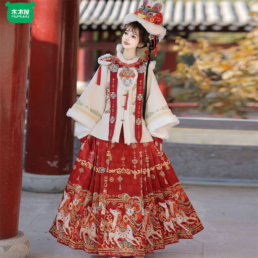 Wooden wooden house original winter style parent-child clear-cut cloud shoulder red festive New Year's Hanfu for women with velvet and thickened heavy embroidery style red single-piece jacket for welcoming wealth 120