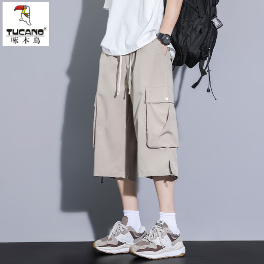 啄木鸟（TUCANO）卡其色工装七分裤男夏季冰丝薄款宽松百搭短裤休闲运动过膝八分裤 FJA430-679卡其 3XL