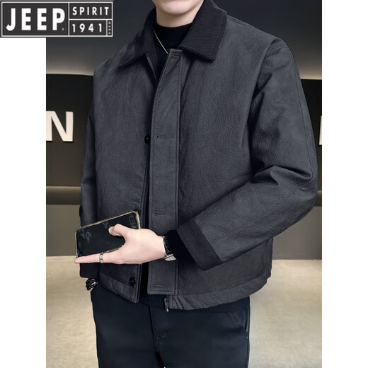 JEEP Jeep Leather Down Jacket Men's Lapel Winter 2026 New Casual Splicing Design Duck Down Jacket Men's Winter Clothing Black XL
