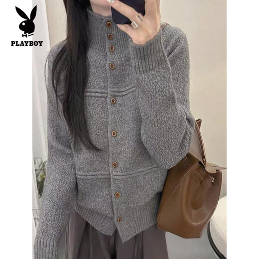 Playboy (PLAYBOY) button turtleneck sweater for women in spring, autumn and winter, new style, can be worn outside and inside, unique and super good-looking, thick knitted cardigan for women, orange S, recommended 70--95Jin Jin is equal to 0.5 kg