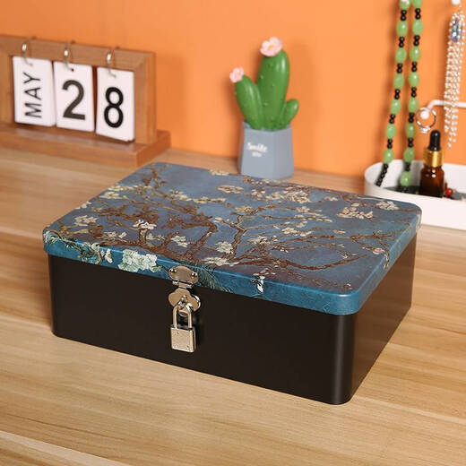 Fantasy lockable mobile phone desktop storage box rectangular hand ledger retro tinplate box home certificate ID password box Starry Night - Medium size