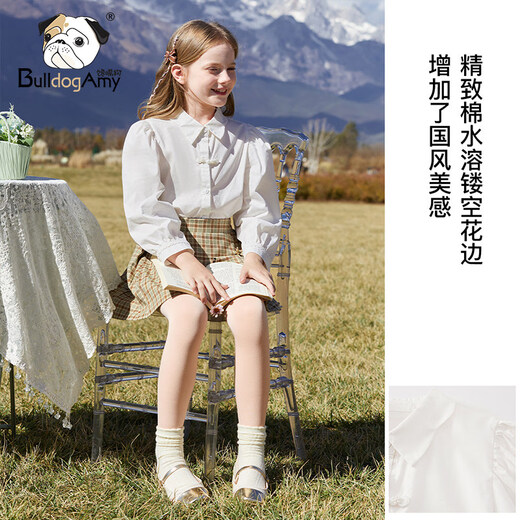 CHANZUIGOU girls' Chinese style long-sleeved shirt 2025 autumn new style children's lapel pearl plate button top middle and large children white 120 cm
