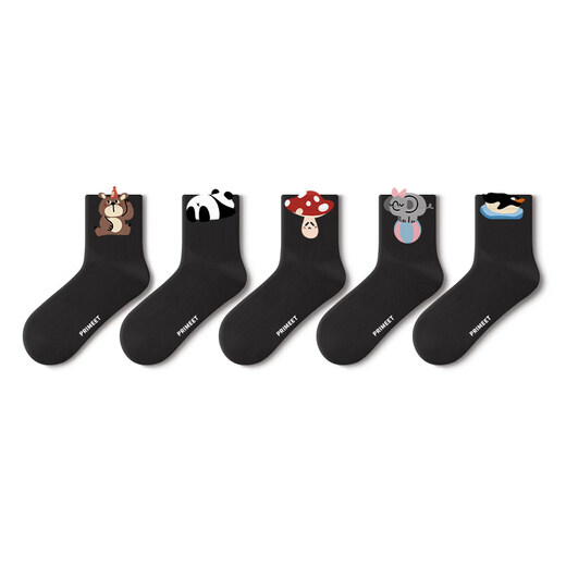 Pami (pami) black socks women's spring and summer mid-calf socks 2025 new warm and cute Japanese spring sports outer long socks cartoon group B-pack 5 pairs one size fits all (suitable for sizes 36-39)