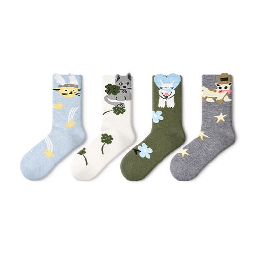 Pami (pami) black socks for women in autumn and winter, cute velvet thickened warm mid-calf socks with Birkenstock shoes, thick pile socks, George and the Flowers - Pack of 4 pairs, one size fits all (suitable for sizes 36-39)