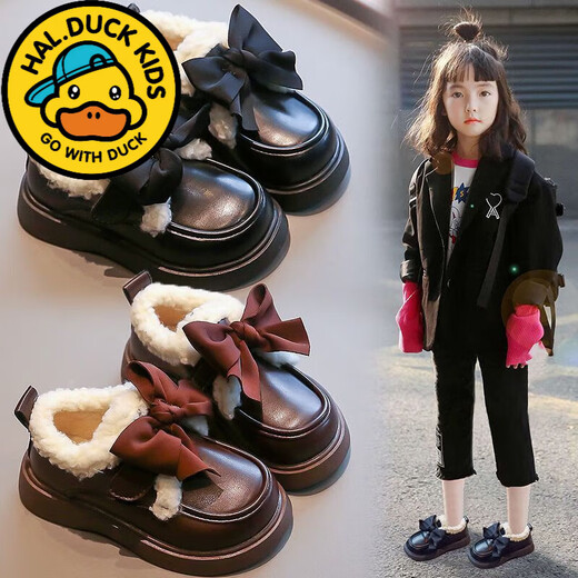 G.duck Little Yellow Duck Leather Shoes Girls' Cotton Shoes Winter 2025 New Children's Velvet Princess Shoes Girls' Warm Medium Large Black Collection and Purchase Priority Shipping 23 Inner Length 14.5cm
