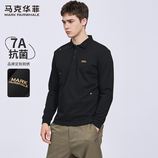Mark Huafei Men's Heavy Antibacterial Long Sleeve Polo Shirt Men's 2026 Spring New Embroidered Casual Commuting Lapel T-Shirt 3996 Black 001 XL (180)