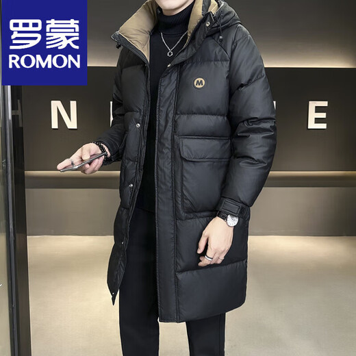 罗蒙（ROMON）羽绒服男冬季外套2025新款中长款连帽高端帅气保暖加厚冬装男 黑色国标 M