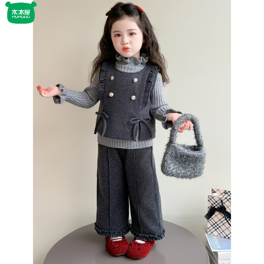 Log Cabin Girls' Velvet Suit Autumn and Winter 2026 New Style Fashionable Baby Girl Big Good-looking Sweater Winter Clothing Three-piece Set Purple Suit Vest + Pants 90 cm