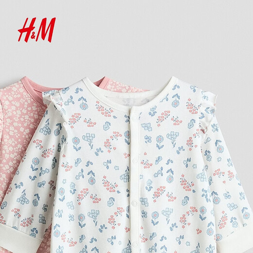 H&M children's clothing baby girl jumpsuit 2-piece 2026 spring new printed cotton one-piece home pajamas 1099843 pink/flower 59cm 59/40 (1-2M)