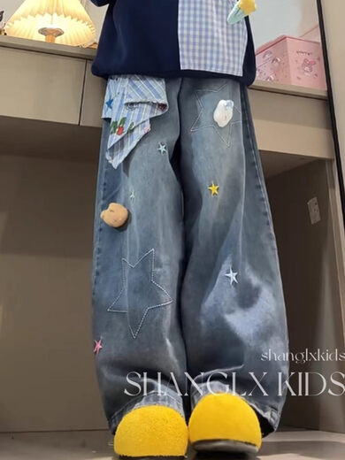 Girls' Super Nice Velvet Pants Star Wide Leg Jeans 2025 New Children's Autumn Outerwear Integrated Velvet Winter Clothes Velvet Version Jeans 170 cm