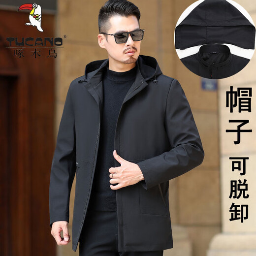 Woodpecker (TUCANO) middle-aged men's mid-length hooded windbreaker, middle-aged and elderly dad's spring and autumn coat, mature and stable casual jacket for men, black <long version> hooded M 170