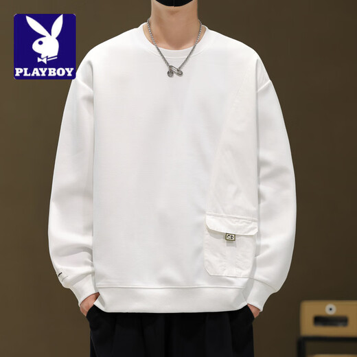 Playboy (PLAYBOY) design stitching sweatshirt for men 2026 new spring and autumn American trendy brand long-sleeved top casual spring bottoming shirt white M