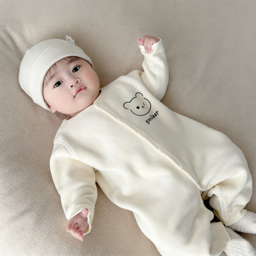 Xinnan baby warm velvet jumpsuit for spring, autumn and winter, warm velvet outdoor clothing for boys and girls, baby indoor rompers, beige bear warm velvet edged jumpsuit 66cm