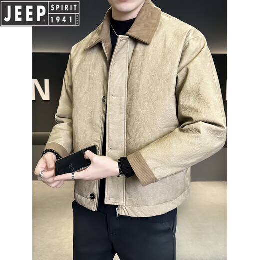 JEEP Jeep Leather Down Jacket Men's Lapel Winter 2026 New Casual Splicing Design Duck Down Jacket Men's Winter Clothing Black XL