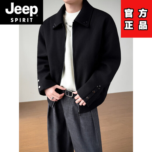 JEEP SPIRIT Korean design woolen jacket men's autumn and winter thickened tops handsome trendy brand lapel woolen jacket black 2XL
