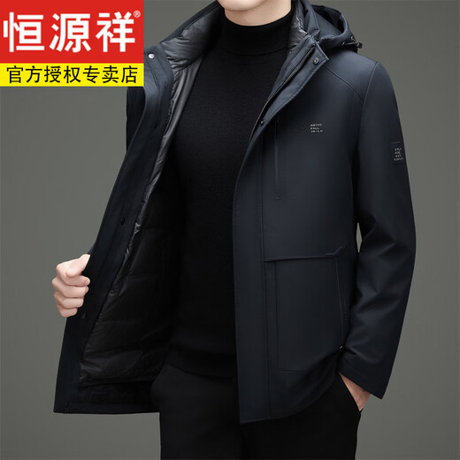 恒源祥男士超厚冲锋衣鹅绒羽绒服中老年爸爸款冬季加厚大码派克服外套 黑色 M 170
