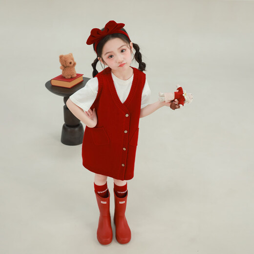 UTOUTO Big Ear Elephant Girls Pocket Sweater Vest Skirt 2026 Spring Pure Wool Knitted Sleeveless Skirt 2613033 New Year Red 100