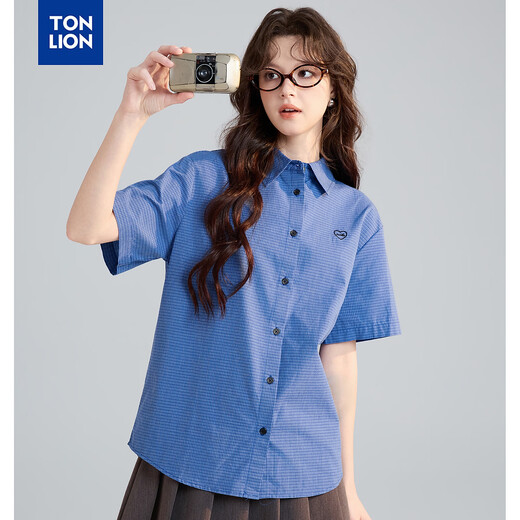 TonLion 2026 Summer Women's Plaid Short-Sleeved Shirt Star Ocean Blue S