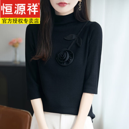 Hengyuanxiang early autumn five-quarter sleeve sweater for women half turtleneck with retro intellectual mid-sleeve sweater base layer black L 115-130