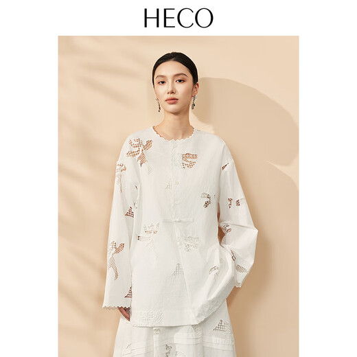 HECO Bai Qian Handmade Hollow Embroidery New Chinese Top National Style Women's Shirt 2026 Spring New Two-piece Suit White Shirt M