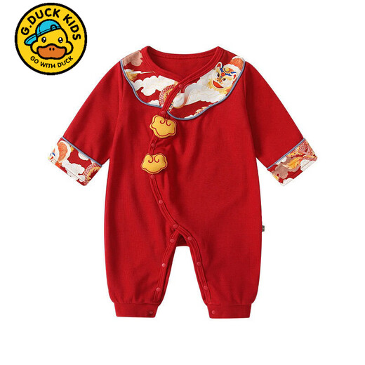 G.duck little yellow duck baby clothes spring and autumn full moon 100 days old red festive baby pure cotton jumpsuit one-piece dress red one-piece jumpsuit 59cm 59