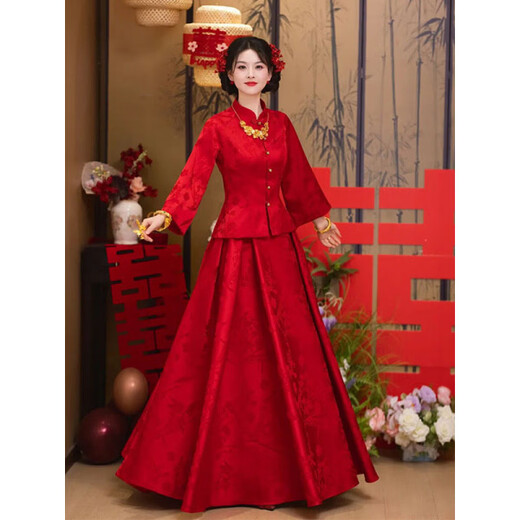 Wanzhuang New Chinese Style Red Toasting Wear Women's Autumn Two-piece Set Red Set S