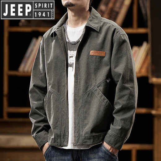 JEEP SPIRIT Jeep Work Jacket Men's Autumn and Winter 2026 New American Retro Trendy Brand Pure Cotton Casual Men's Jacket Pimshuai Dark Khaki L Suitable for 140Jin Jin is equal to 0.5kg -160Jin Jin is equal to 0.5kg