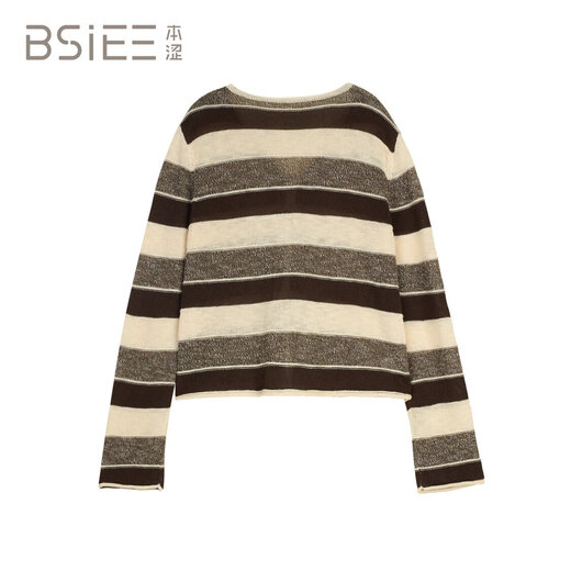BSIEEBSiEE 2026 spring new long-sleeved neutral style design contrasting wide striped V-neck cardigan sweater pinecone brown nutshell M