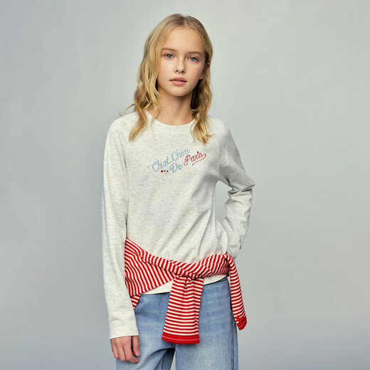 ELLE KIDS children's clothing round neck long-sleeved T-shirt for girls spring new college style classic round neck top