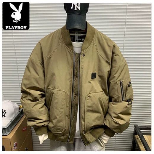 Playboy (PLAYBOY) Американская ретро 90 Спецодежда на белом утином пуху Летная куртка Пуховик Зимняя свободная короткая бейсбольная куртка Мужская хаки 90 Белый утиный пух M 100-120Jin Jin равен 0,5 кг