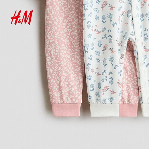 H&M children's clothing baby girl jumpsuit 2-piece 2026 spring new printed cotton one-piece home pajamas 1099843 pink/flower 59cm 59/40 (1-2M)