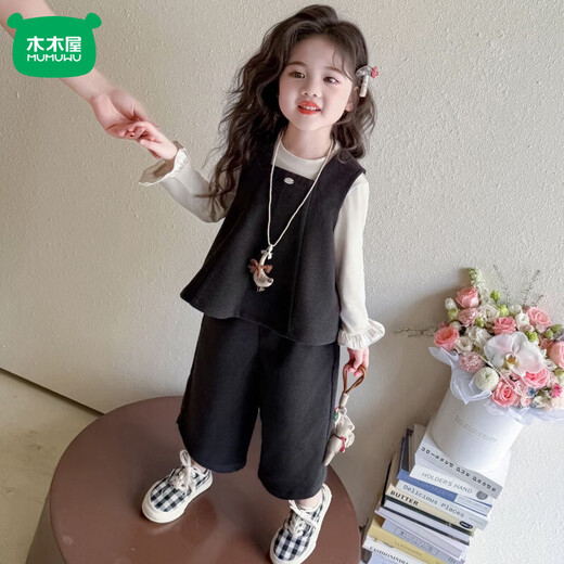 Mumuwu (mumuwu) foreign style girls' small fragrance suit autumn 2026 new style foreign style fashionable children's Korean baby vest three-piece set dark gray 80