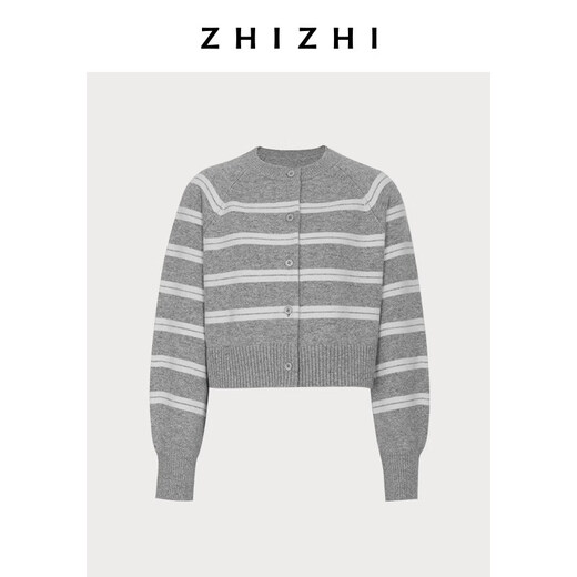 ZHIZHI Xiyiqu all wool round neck multi-color knitted cardigan top for women winter gray and white stripes M