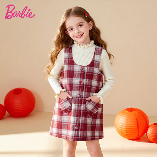 Barbie Children's Clothes Girls New Year's Clothes Dress Girls' Skirt Red Wool Thick Plaid Tank Top BY008