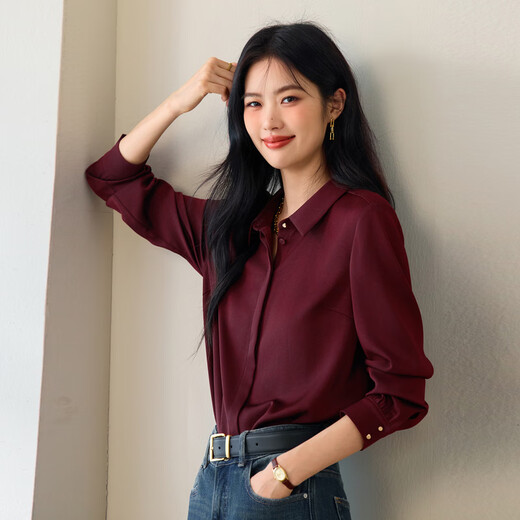 Eveli (eifini) Zhuzhu endorses high acetic acid light-fitting basic commuting shirt for women 2026 new casual top for women burgundy XL 130-145Jin Jin is equal to 0.5 kg