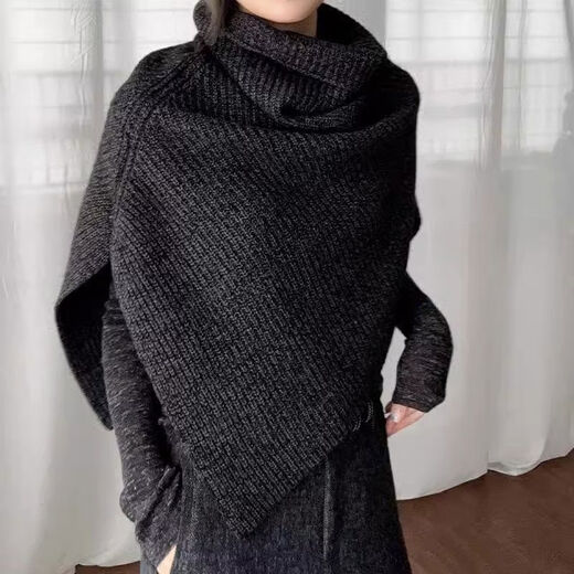 Dark gray high collar knitted scarf women's French winter layered slit pullover shawl cloak thick dark gray