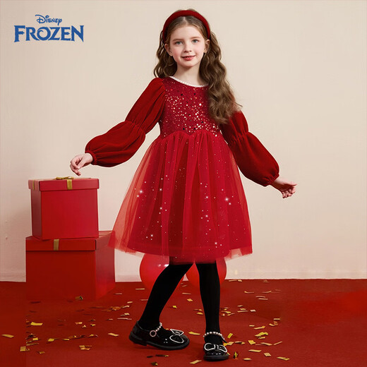 Disney (Disney) Girls Red Dress Winter New Children's Christmas Dress New Year Dress Girls Winter Dress Mesh Skirt Red 120