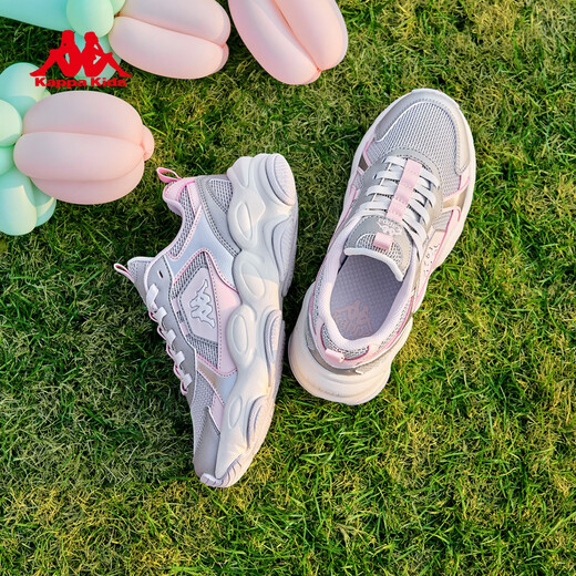 Kappa Children's Shoes Children's Sports Shoes Breathable Mesh 2026 New Spring Cushioning Wear-Resistant Casual Running Shoes for Men and Women Big Children Cold Gray/Light Lotus Pink 38