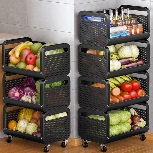 Tuojin kitchen vegetable basket rack multi-layer floor-standing removable fruit and vegetable storage household multi-functional trolley with top extra thick 40CM large four-layer charcoal black SF Express