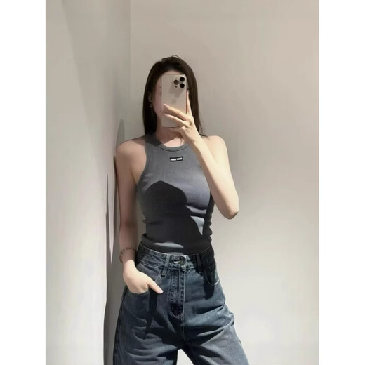2025 new summer style fashionable and versatile slim micro-labeled ribbed jersey sleeveless vest Green S
