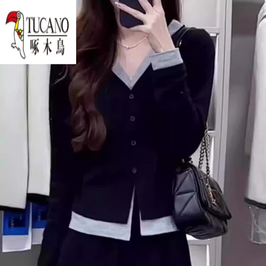 Woodpecker (TUCANO) large size fake two-piece V-neck long-sleeved T-shirt for women in spring and autumn fat MM slim-fitting bottoming shirt slimming cardigan new top Picture color L Recommended 100Jin Jin is equal to 0.5kg -120Jin Jin is equal to 0.5kg