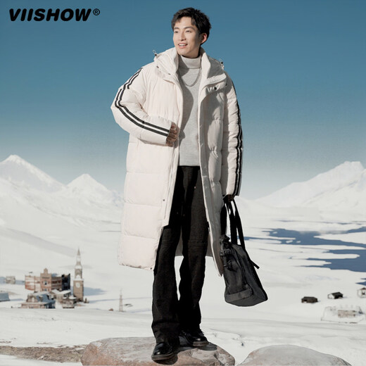 Viishow new men and women couples long hooded down jacket casual temperament wide version comfortable and warm black S