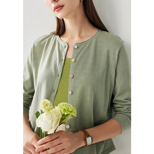 Zhaojun Spring and Summer Lyocell Tencel Sweater Women's Round Neck Long Sleeve Cardigan Solid Color Thin Top Mint Green L