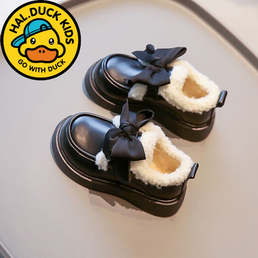 G.duck Little Yellow Duck Leather Shoes Girls' Cotton Shoes Winter 2025 New Children's Velvet Princess Shoes Girls' Warm Medium Large Black Collection and Purchase Priority Shipping 23 Inner Length 14.5cm