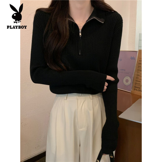 Playboy (PLAYBOY) new spring, autumn and winter stand-up collar long-sleeved bottoming sweater top can be worn outside with a zipper sweater inside with a western style. White, one size fits all, high elasticity, 70-125Jin Jin is equal to 0.5 kg