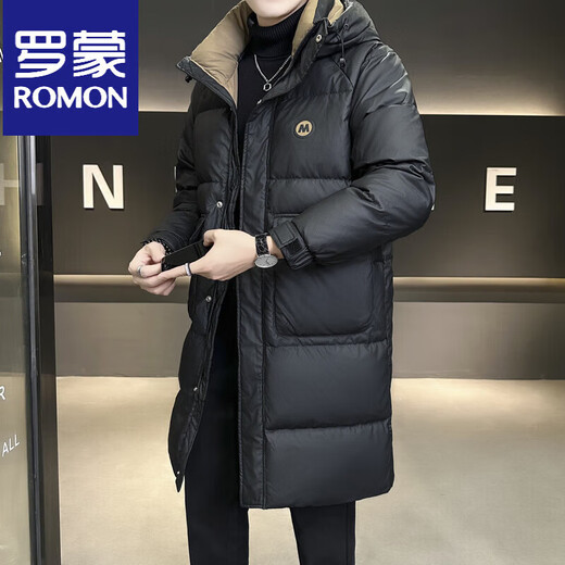 罗蒙（ROMON）羽绒服男冬季外套2025新款中长款连帽高端帅气保暖加厚冬装男 黑色国标 M