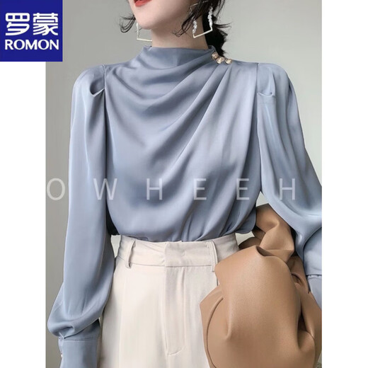 ROMON shirt women's high-end temperament retro French shirt satin acetate professional light luxury fashion stand-up collar top high-end burgundy S