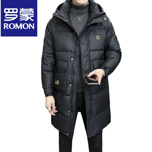 罗蒙（ROMON）羽绒服男冬季外套2025新款中长款连帽高端帅气保暖加厚冬装男 黑色国标 M