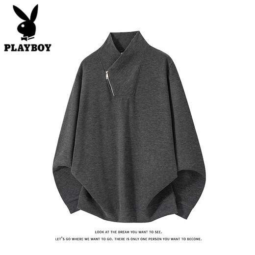 Playboy (PLAYBOY) American diagonal zipper sweatshirt men's spring and autumn velvet design long-sleeved T-shirt heavyweight thickened warm inner top dark gray M