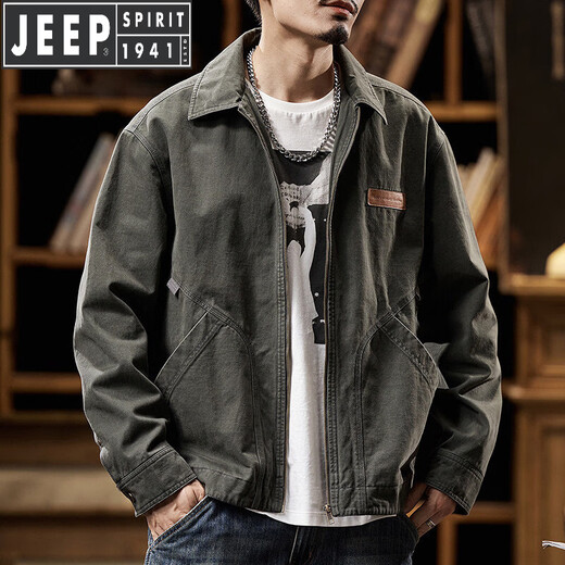 JEEP SPIRIT Jeep Work Jacket Men's Autumn and Winter 2026 New American Retro Trendy Brand Pure Cotton Casual Men's Jacket Pimshuai Dark Khaki L Suitable for 140Jin Jin is equal to 0.5kg -160Jin Jin is equal to 0.5kg